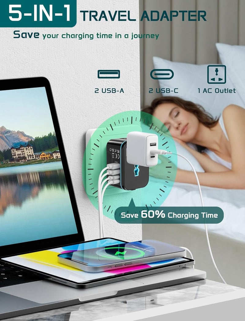 TECSIX Universal Travel Adapter Worldwide, European Travel Plug Adapter with 2 USB C, 2 USB A and Multi AC Outlets, International Power Converter for EU US UK AUS 200+ Countries Type A C G I - Image 4